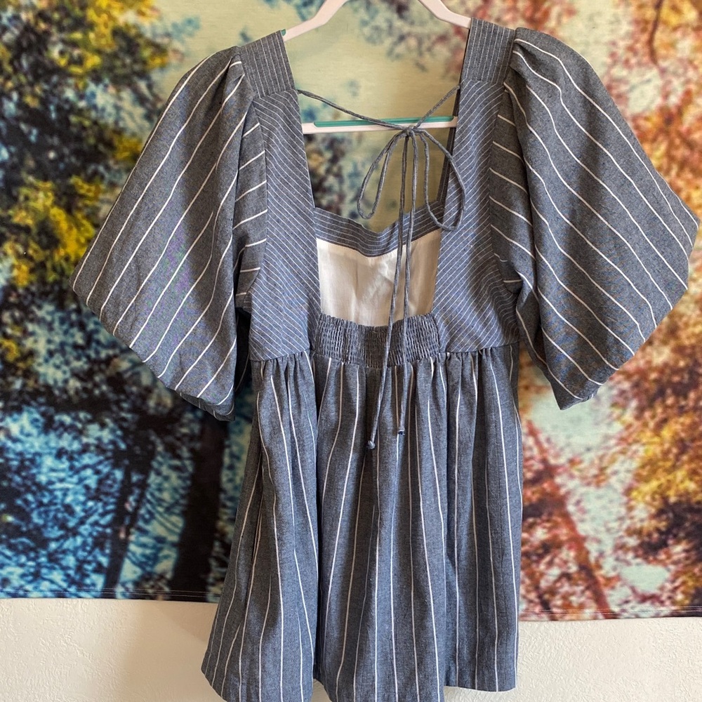 Free People blue and white Striped Mini Dress open back puff sleeves denim like - Picture 8 of 12